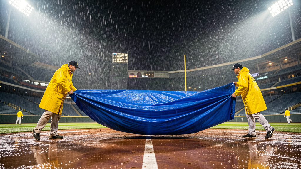 Grounds crew in yellow ponchos pulling a giant blue tarp across a baseball infield under floodlights in the rain