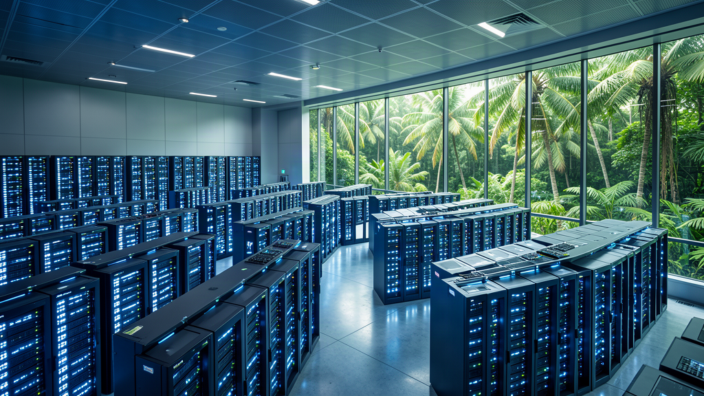 A vast data center hall in tropical surroundings, endless server racks under blue light, palm trees visible through a window