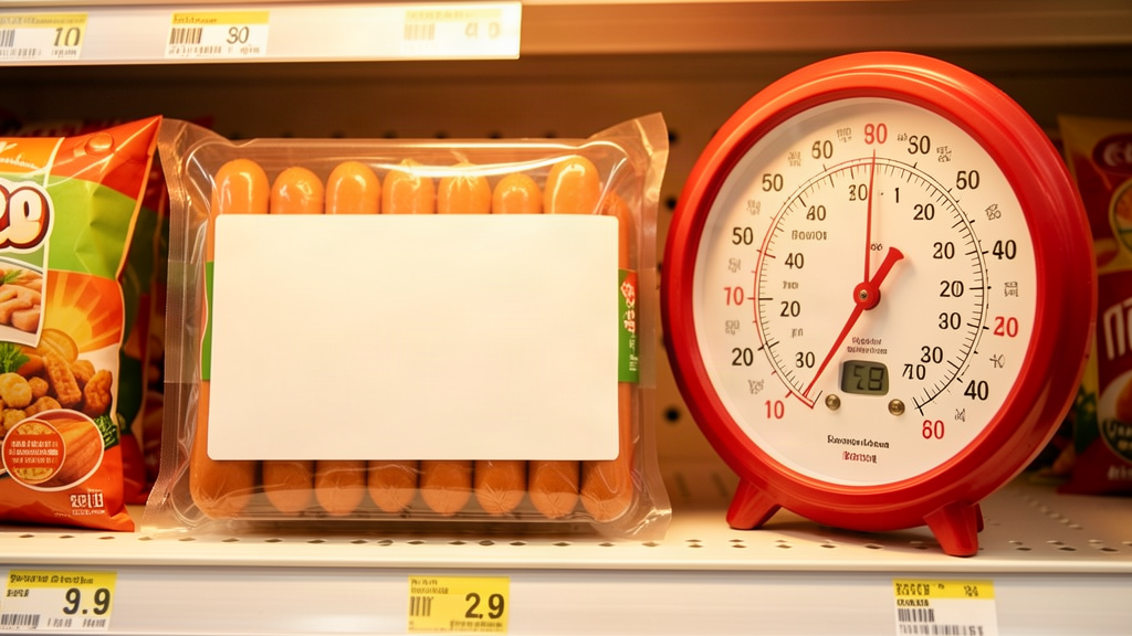 A supermarket hot dog package on a shelf, a large thermometer beside it reading far too warm
