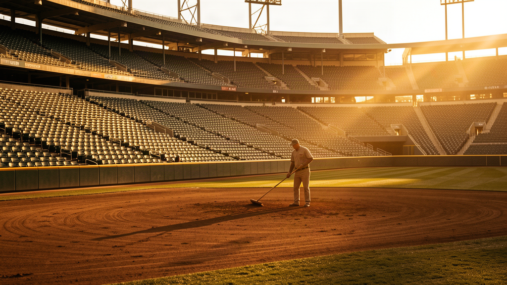 An empty baseball stadium at golden hour, a single groundskeeper raking the infield, seats stacked in rows