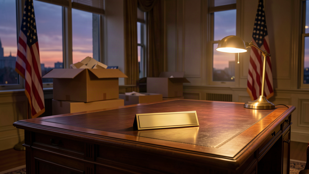 An empty congressional office being packed into cardboard boxes, a nameplate face-down on the desk