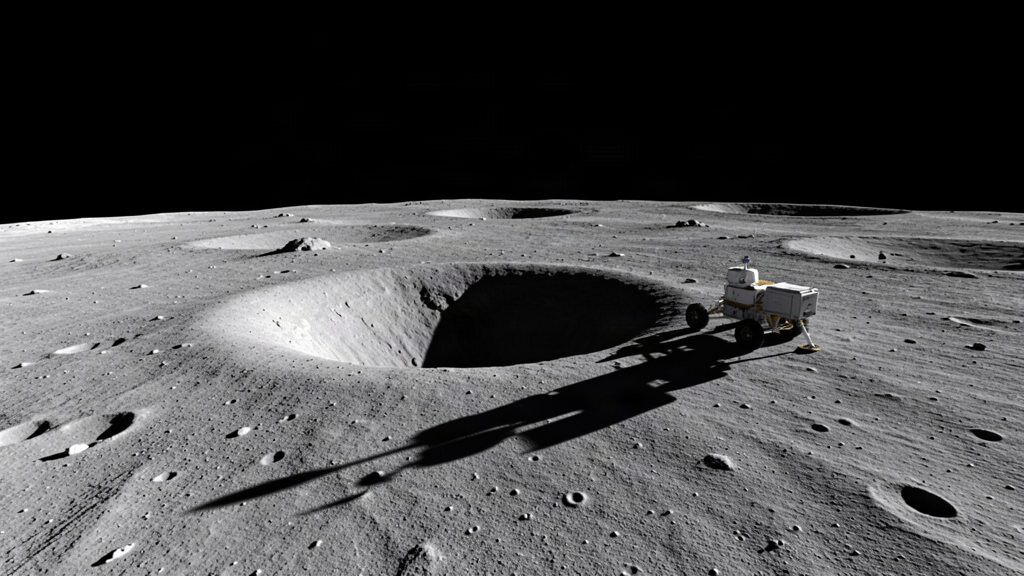 The lunar surface with a dark circular pit, a small robotic lander parked at the rim casting a long shadow