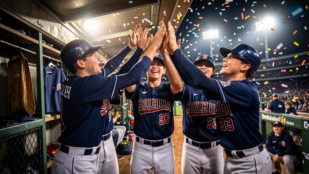 Three Tampa Bay Rays baseball players celebrating in the dugout after a big inning, teammates crowding around
