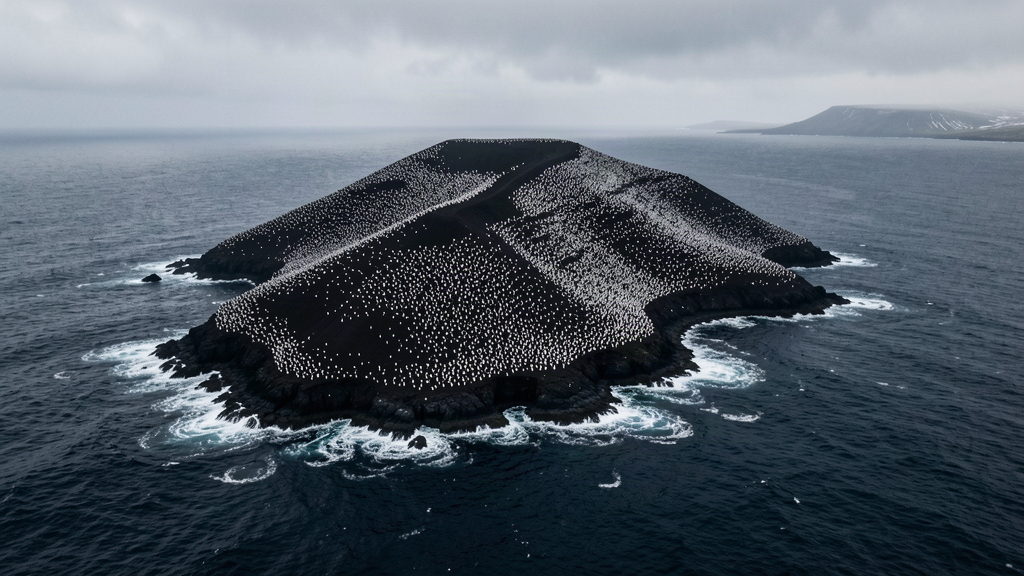 Aerial view of a black volcanic island in a grey southern ocean, its slopes densely covered with penguins