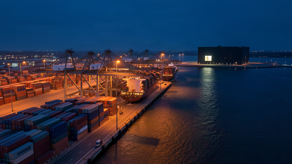 A vast container port at night, cranes loading ships, stacked containers stretching to the horizon, one tiny empty shopping mall in the distance