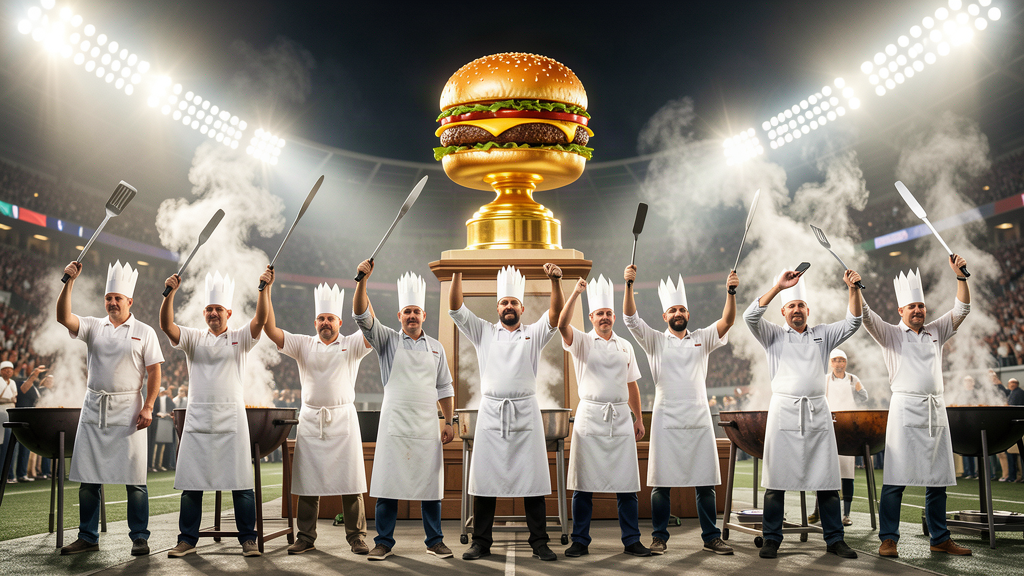 Grill cooks in white aprons under stadium lights at a fast-food cook-off, spatulas raised, a giant golden burger trophy on a pedestal