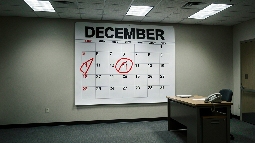 A giant wall calendar in an empty government office, the date December 11 circled in red marker, long shadows, fluorescent light
