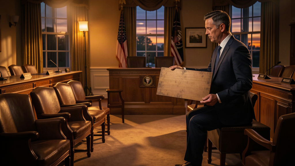 The White House briefing room at dusk, an empty podium, a staffer carrying a dust-covered nameplate across the room