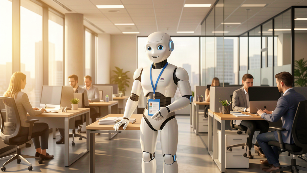 A sleek open-plan office where a friendly humanoid robot wears a visible laminated lanyard badge, human colleagues at desks