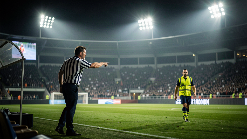 A football stadium at night, a lone official pointing toward the tunnel, a player walking off, crowd blurred behind