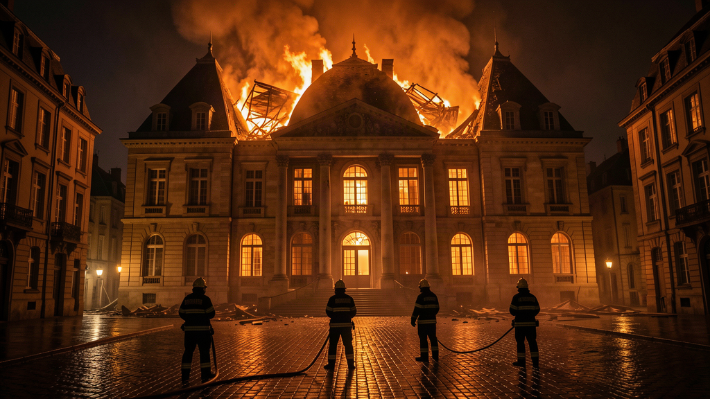 A grand 19th-century French town hall in flames at night, firefighters in the foreground, roof collapsing