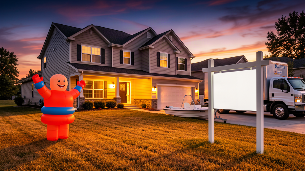 A new suburban house with an inflatable tube man in the front yard and a small motorboat parked in the driveway beside a moving truck