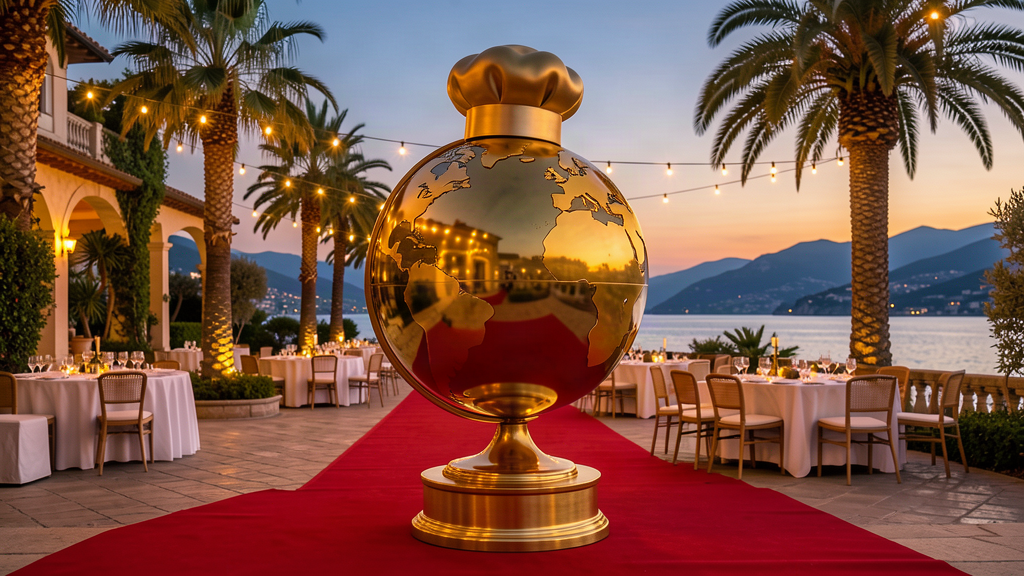 A glossy golden trophy shaped like a globe wearing a small chef's hat on a red carpet outside a Mediterranean hotel ballroom at dusk