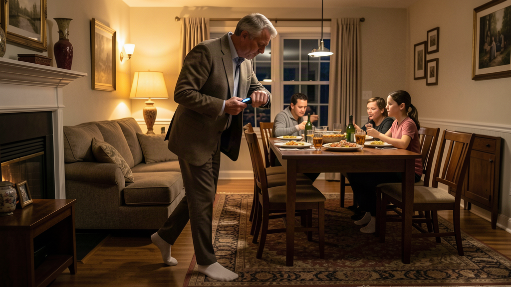 A middle-aged man in socks pacing the length of a suburban living room at night, staring intently at a wrist pedometer, family dinner cooling on the table behind him