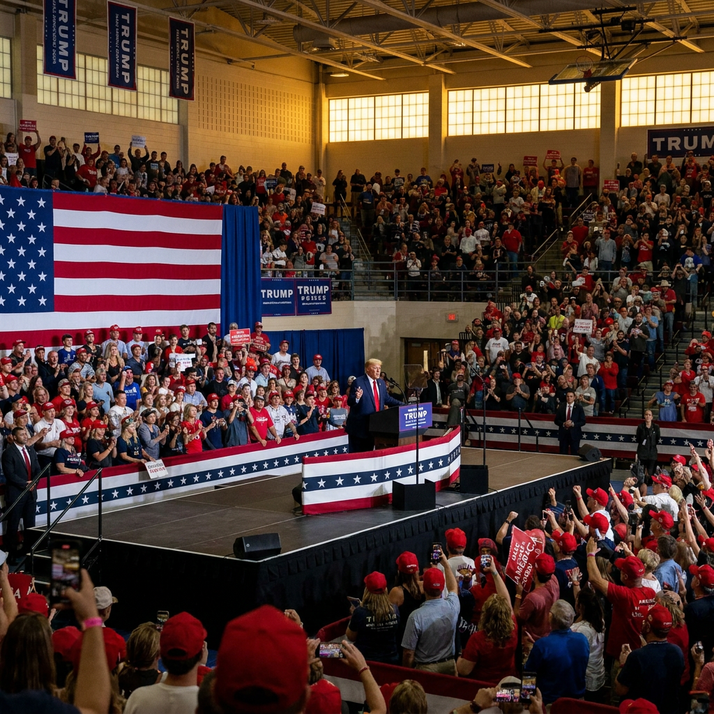 President Trump addressing a packed arena rally beneath a giant American flag, fans in red hats filling the bleachers