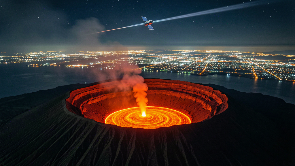 Night aerial view of a volcano crater with a glowing lava lake and thin smoke plume, city lights in the distance, a satellite streaking overhead