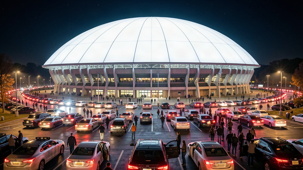 The Tropicana Field dome glowing white at night like a spacecraft, with gridlocked parking lots and tailgate lights surrounding it