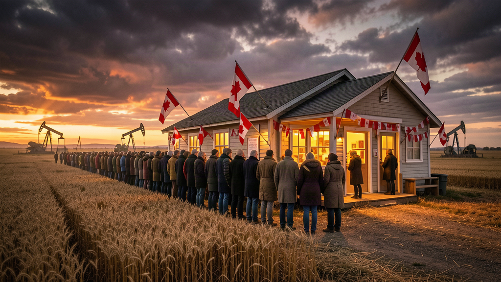 A line of people in heavy coats outside a small prairie community hall flying Canadian flags, wheat stubble and oil pump jacks on the horizon at dusk