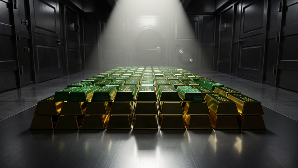 Memory chips stacked like gold bars under a spotlight inside a bank vault