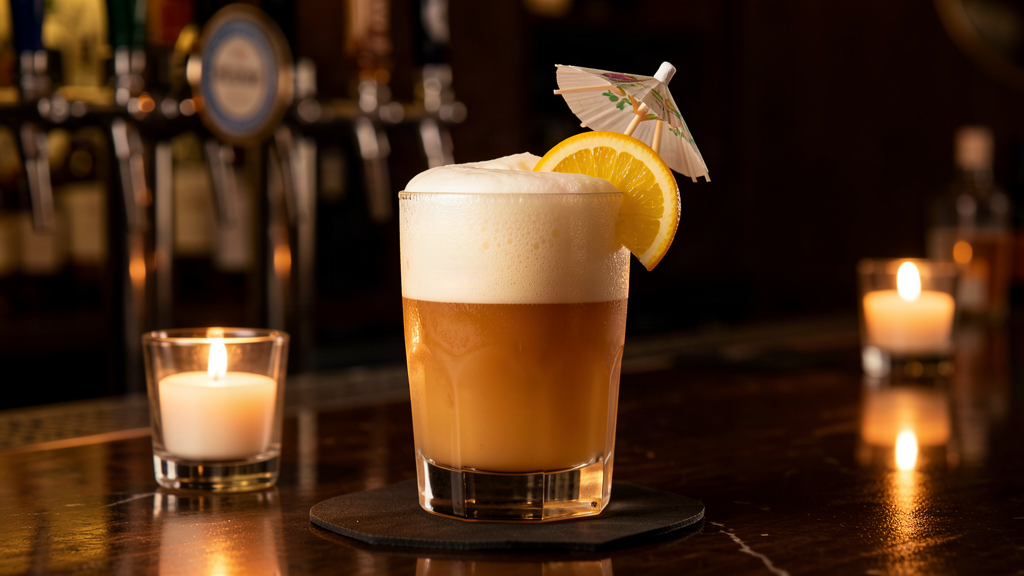 An elaborate mocktail with foam and a tiny umbrella on a candlelit bar, beer taps dark behind it