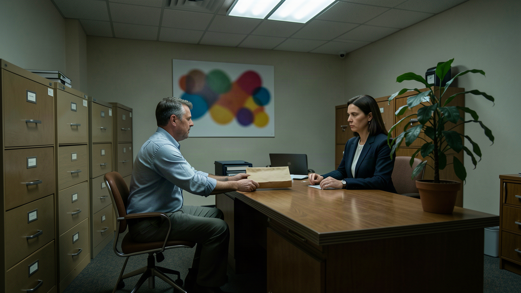 A worker in a modest office sliding a thick envelope across a desk to an impassive HR manager