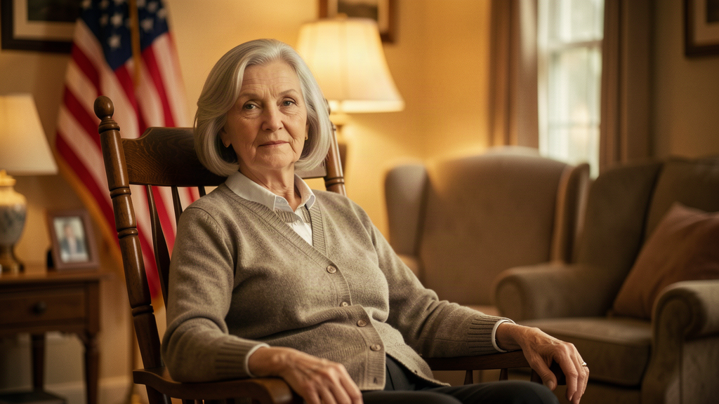 A television set in a dark living room showing a dignified older woman in a campaign ad