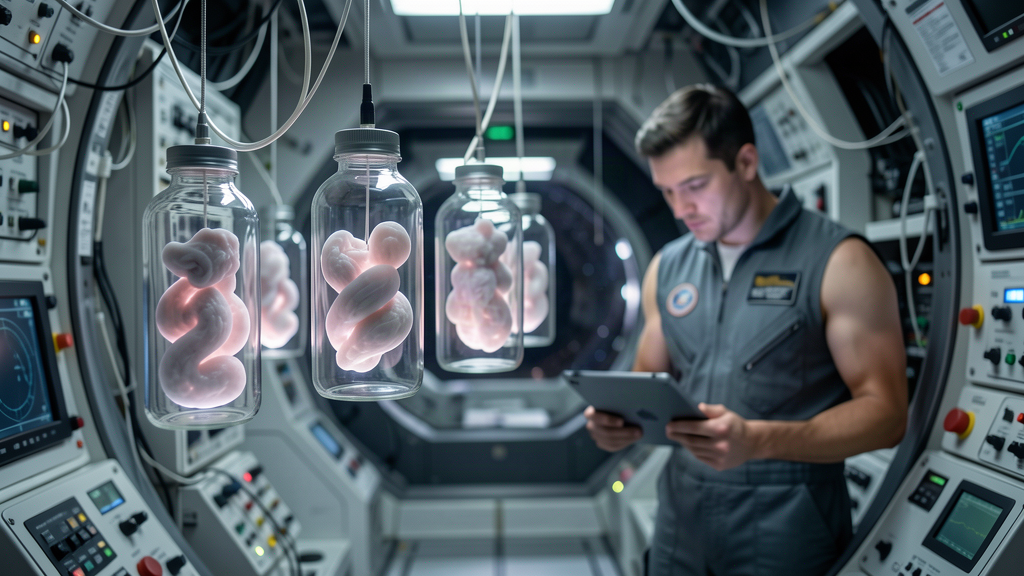 Glass jars containing glowing organoid cultures floating in a space station lab module