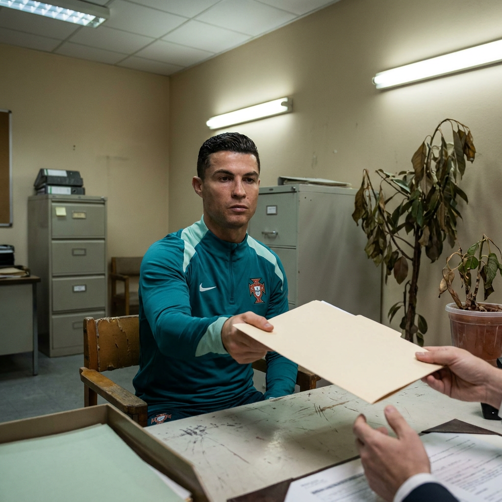 A soccer superstar in training gear sliding a document folder across a bureaucratic desk