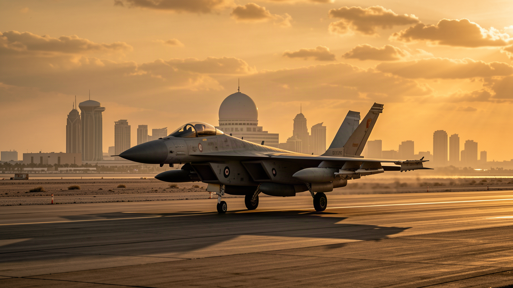 An RAF Typhoon jet taxiing on a desert runway at dusk with a Gulf city skyline behind it