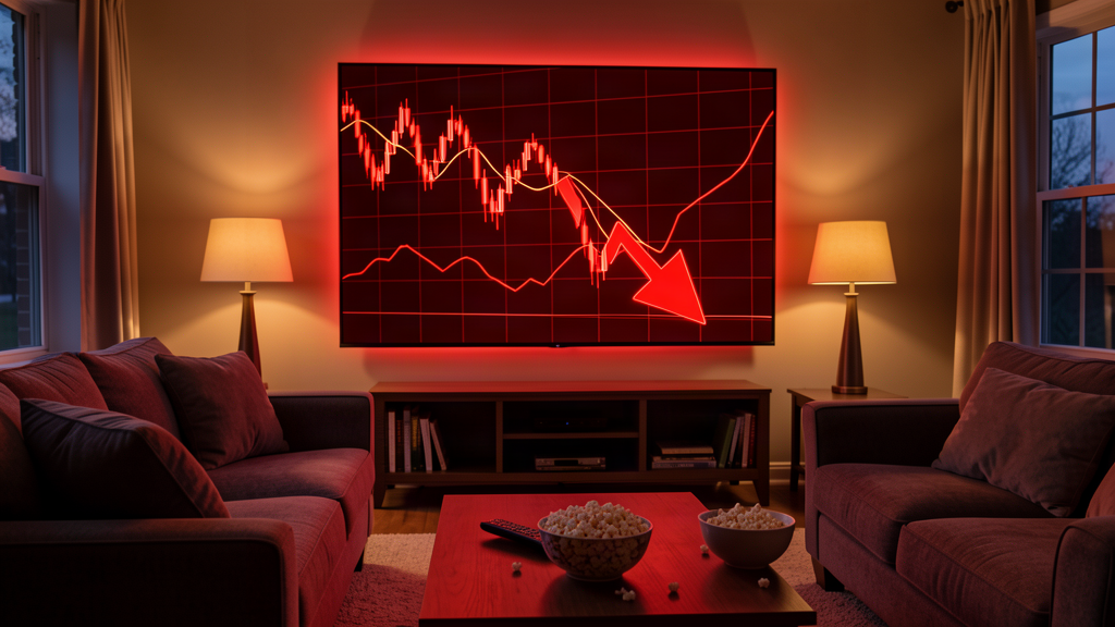 A living room wall dominated by a giant red stock chart arrow pointing down above a couch