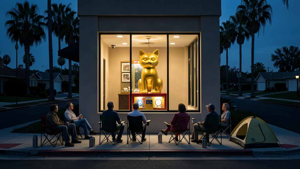 A pre-dawn line of adults in folding chairs outside a restaurant window, a giant golden cat figurine glowing on a claw machine dead center in the window