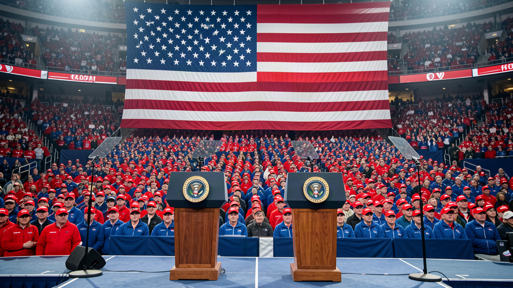 Two presidential podiums side by side on a single campaign stage beneath one enormous American flag