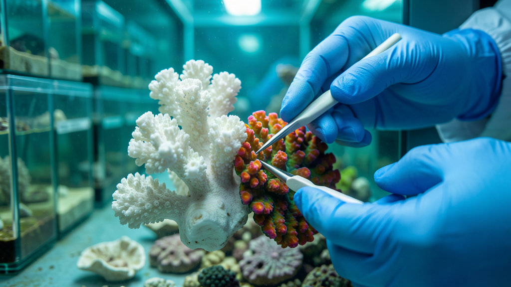 A ghostly white coral fragment pressed against a vivid healthy coral fragment inside a laboratory aquarium
