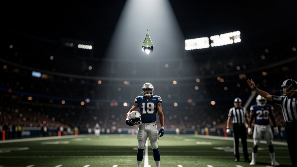 A lone defensive back standing at midfield under stadium lights as a referee raises an arm, a single droplet gleaming in the spotlight beam above him