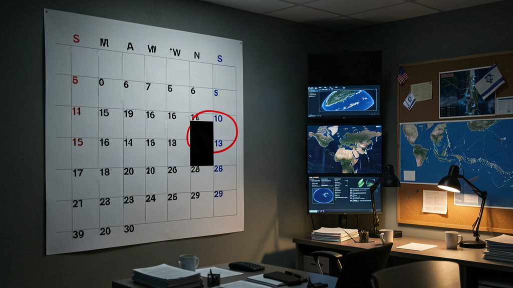 A war-room wall calendar with one date circled in thick red marker, maps and screens glowing behind it