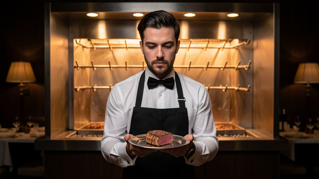 A waiter in a black apron presenting a single small slice of grilled beef on a silver platter in the center of the frame, an empty meat carousel glowing behind