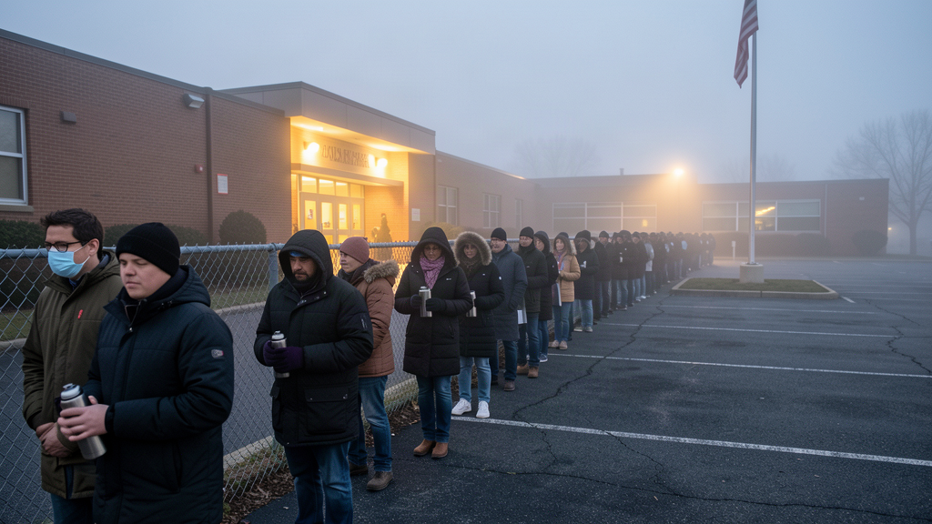 A long early-voting line snaking around a high school at dawn, voters in coats holding coffee, gym lights glowing above the entrance