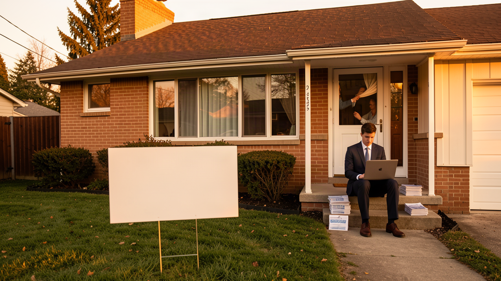 A young candidate in a suit sitting on the porch steps of a modest suburban house, campaign yard sign planted in the lawn beside her
