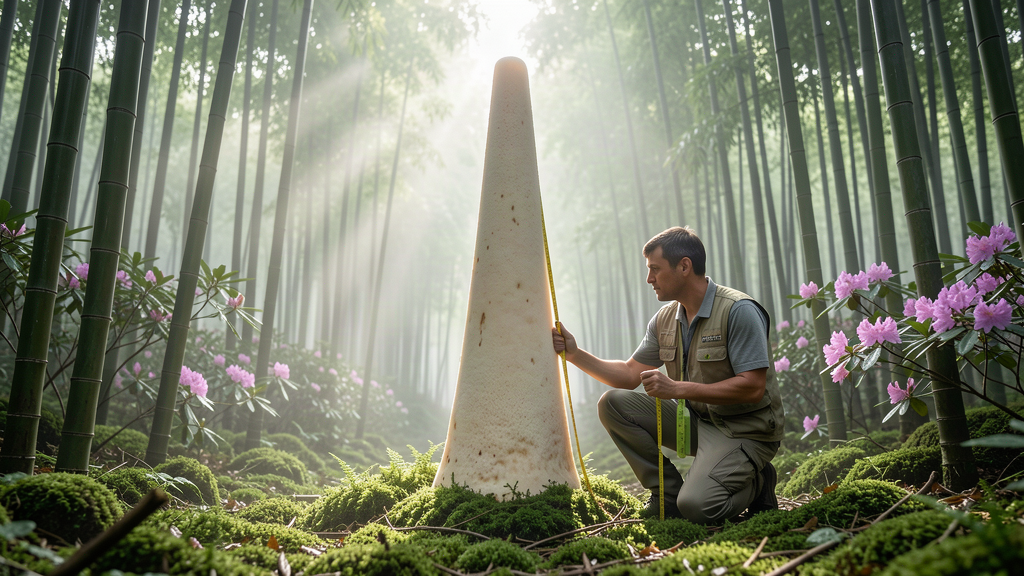 A giant pale club-shaped fungus the height of a traffic cone rising from a mossy forest floor, a researcher kneeling beside it with a measuring tape