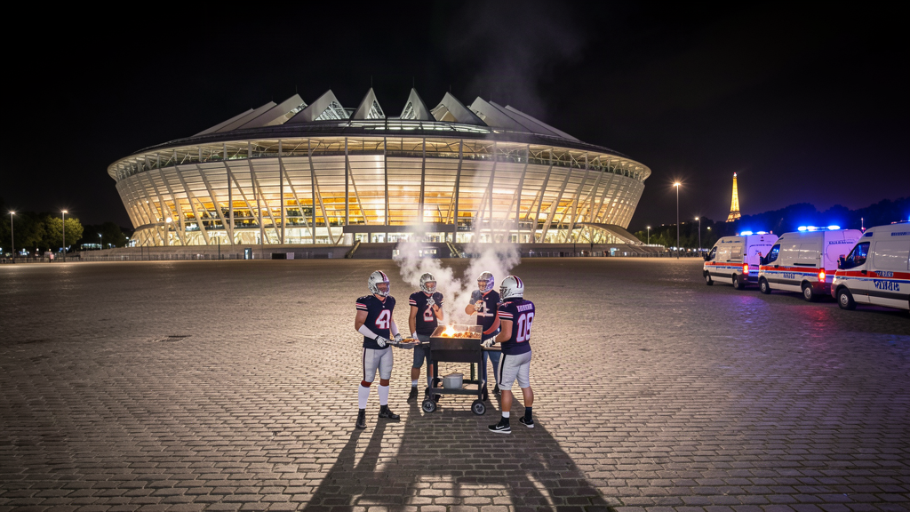 Grill smoke from a tailgate drifting up in front of the glowing Stade de France at night, small tailgaters at the base of the frame, a line of police vans with blue lights along the boulevard to the right