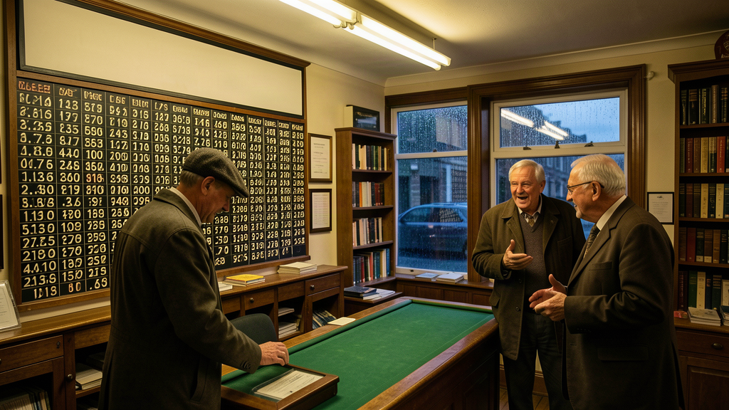 A traditional British betting shop interior at dusk, a man in a flat cap studying a large odds screen of numbers while two men argue beside a counter