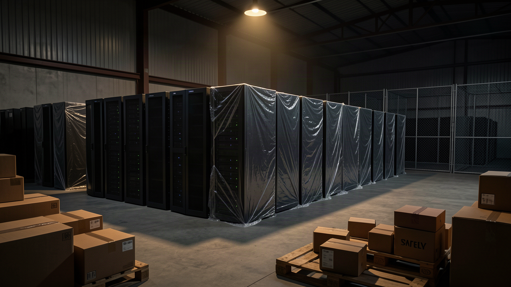 Rows of sleek black server racks standing unpowered in a vast dim warehouse, cardboard boxes on pallets in the foreground, a single work lamp overhead