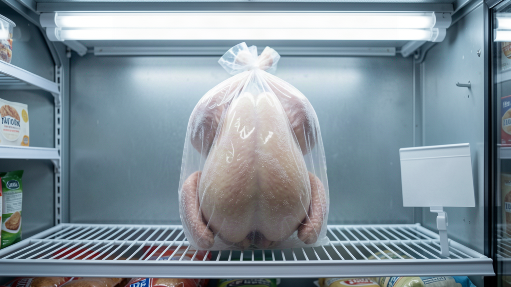 A plastic-wrapped frozen whole turkey under cool fluorescent lights in a supermarket freezer aisle, frost on the packaging, a blank price tag on the shelf edge