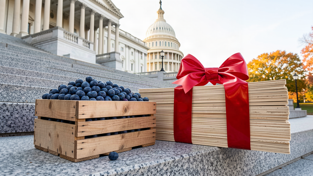 A crate of blueberries and a stack of plywood sheets tied together with a giant red gift ribbon on the stone steps of the U.S. Capitol