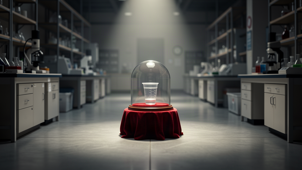 A small glass museum dome containing a plastic specimen cup on a velvet pedestal, standing in the middle distance of a dim laboratory aisle under a single spotlight