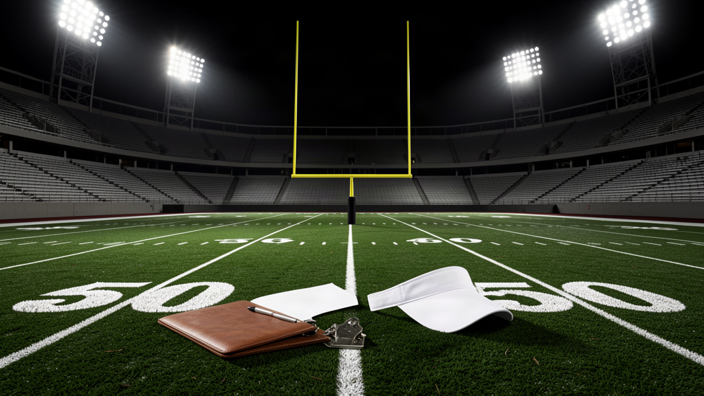 A football clipboard and visor lying on the 50-yard line of an empty night stadium, goalposts behind them, stadium lights blazing overhead
