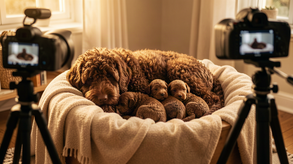 A curly-coated brown dog resting in a whelping box with six small curly puppies under warm studio lighting, a broadcast camera on a tripod in the foreground