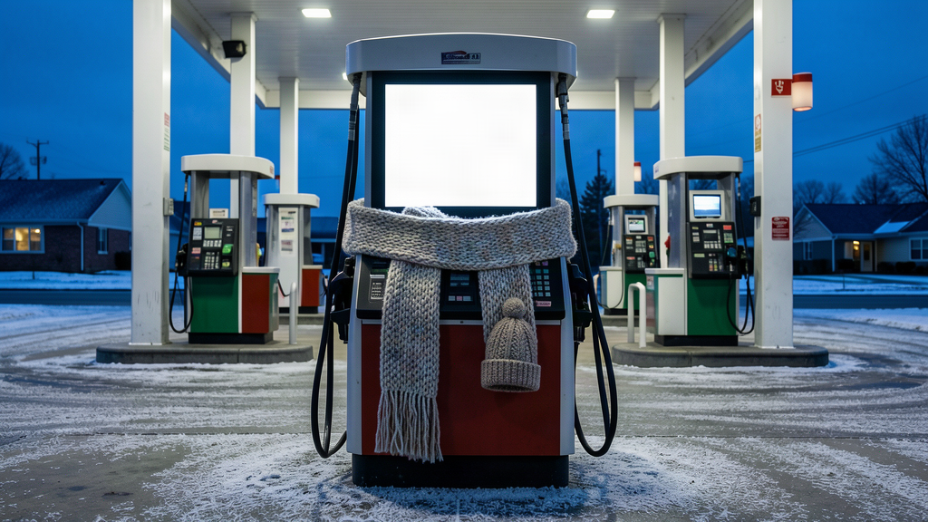 A suburban gas pump bundled in a chunky knitted winter scarf at dusk, frost on the ground, blank display screen