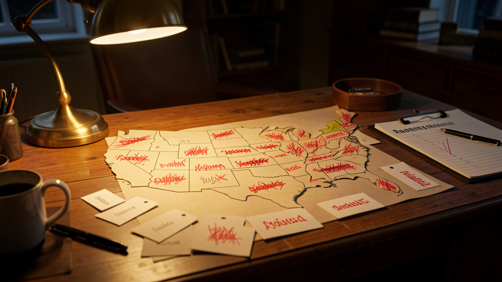 A map of the United States on a desk at night, every state's name scribbled out in red pen, blank name tags scattered beside it