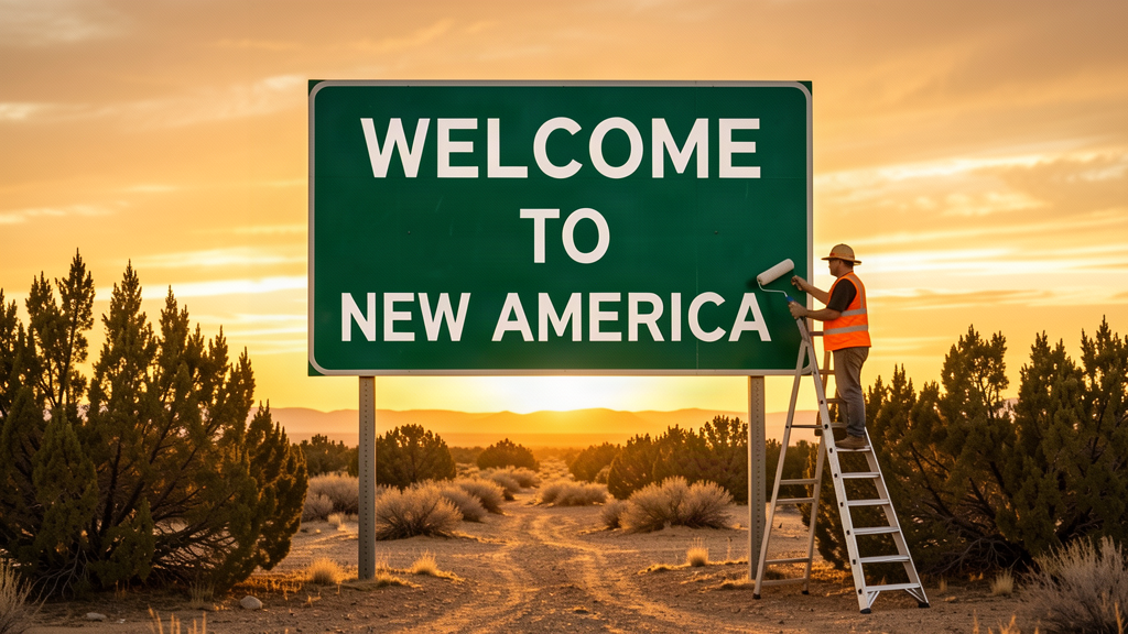 A desert highway welcome sign reading WELCOME TO NEW AMERICA at sunset, with a road-crew worker on a ladder beside it
